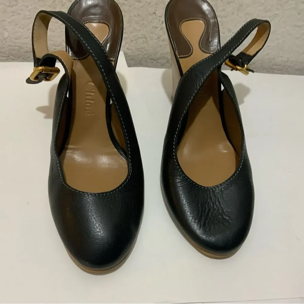 Chloé Leather Slingback Leather Wedge Ankle Pumps In Black 39.5 Italy
